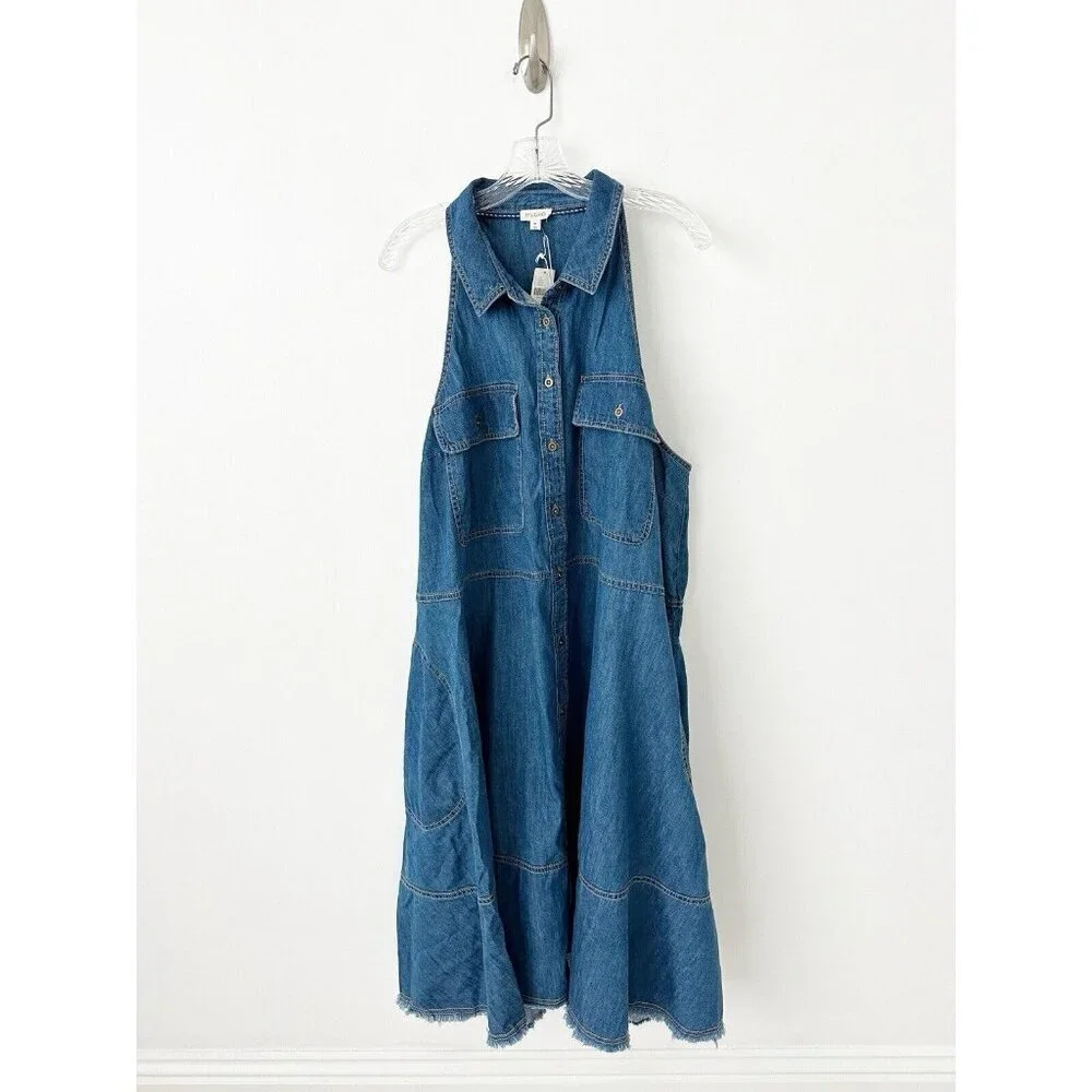 NWT Anthropologie Pilcro Sleeveless Halter Swing Midi Dress 2X Denim Blue - Picture 5 of 8